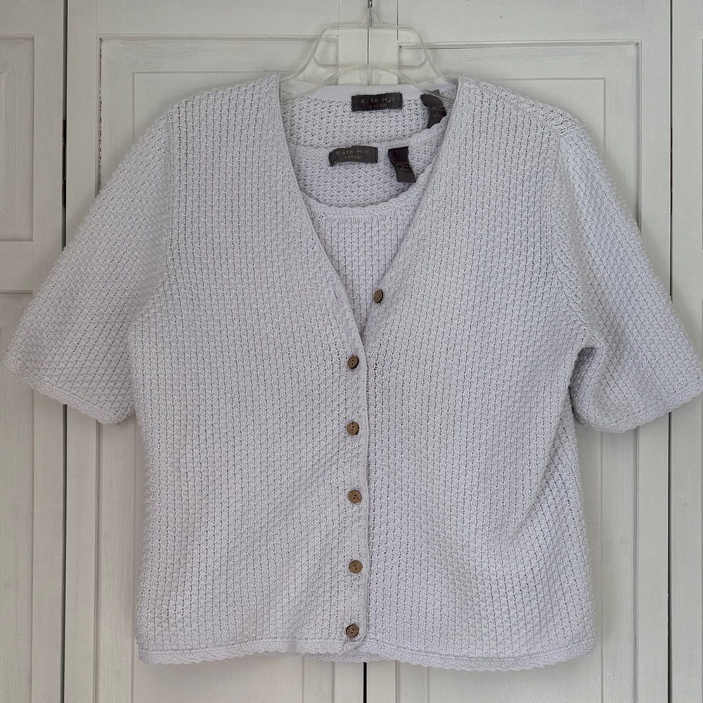 White Knit Cottage Core Short Sleeve Sweater Set Sz L